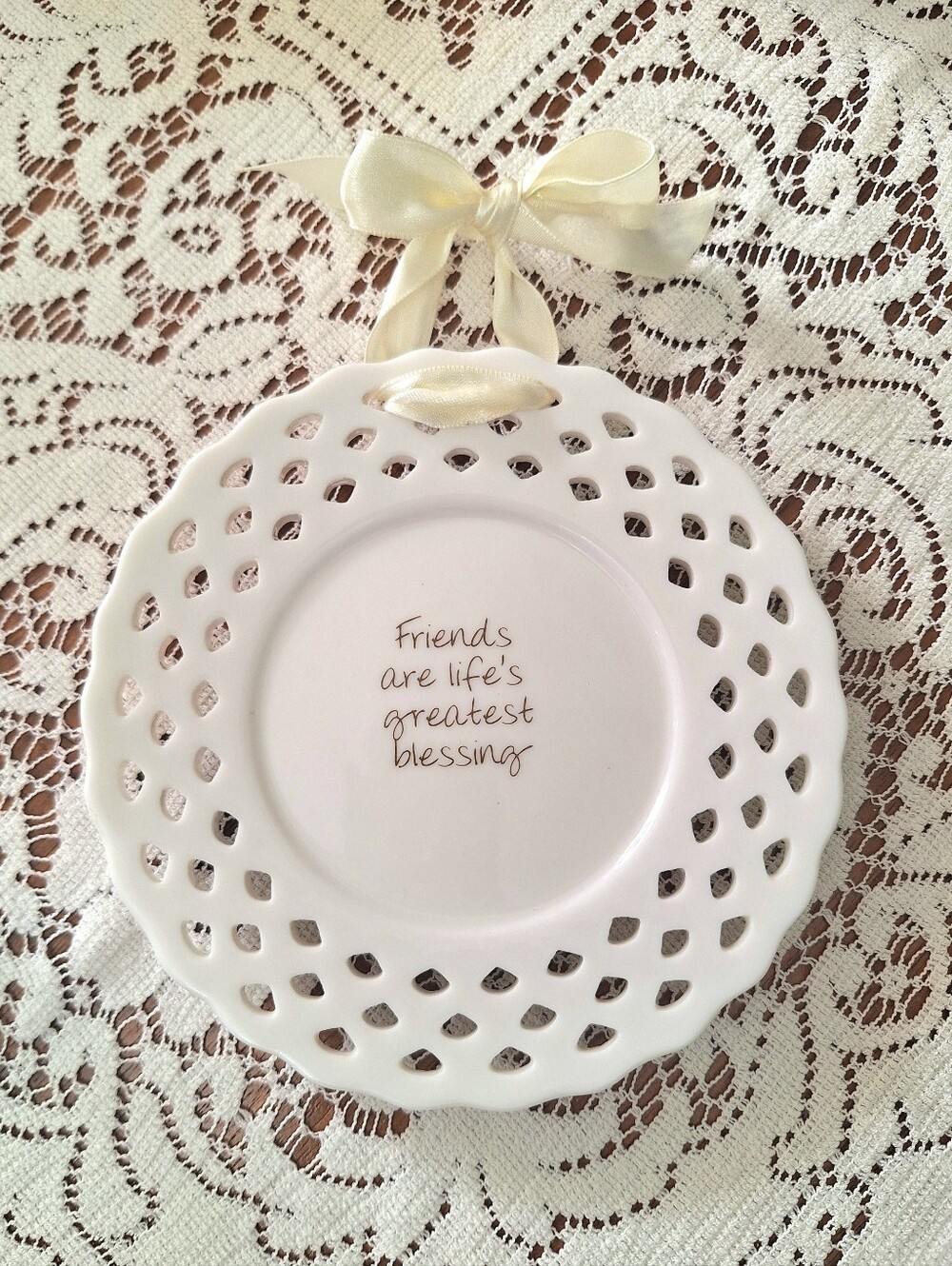 Natural Life Decorative Hanging Plate Friendship, Cream, Cutouts, Trinket Dish